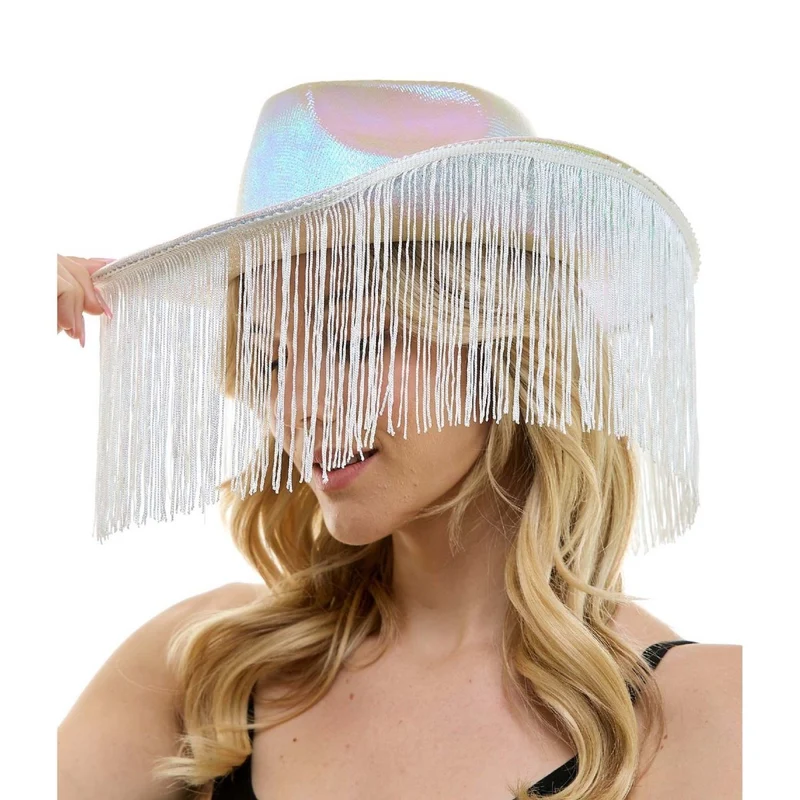 Iridescent White Cowboy Hat with Fringe for Adults