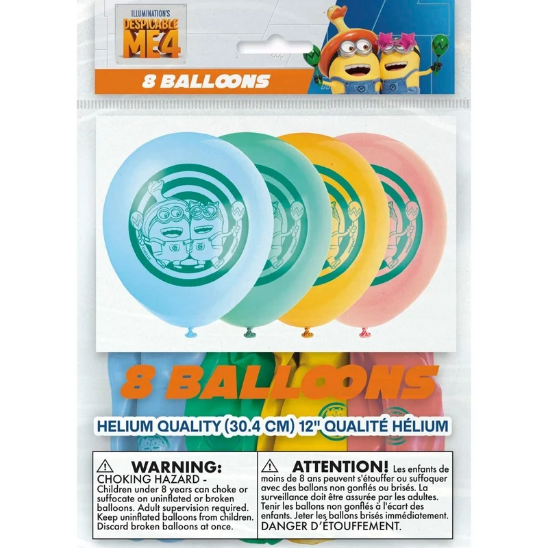 Despicable Me 4 Printed Latex Balloons, Blue, Green, Yellow and Peach, 12 inches, 8 Count