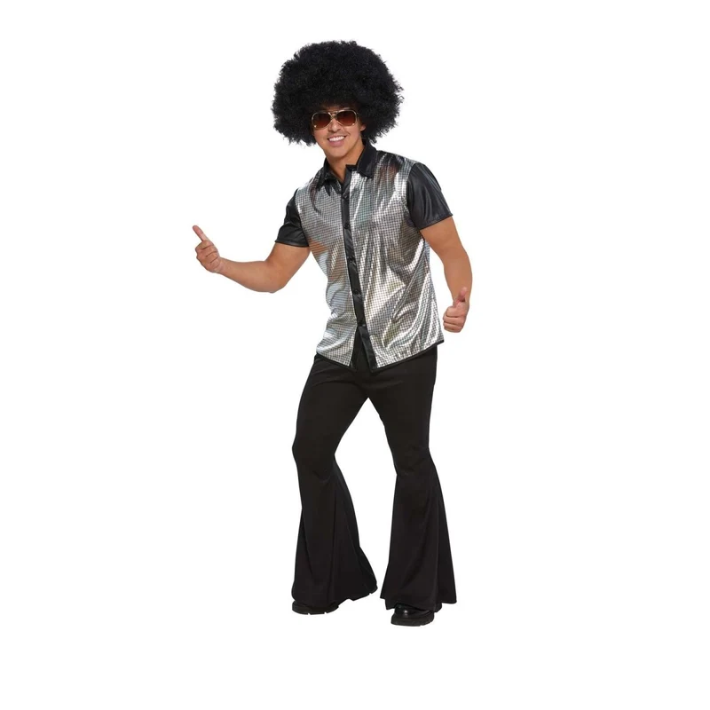 70s Plus Size Disco Shirt for Adults, Silver and Black Shirt