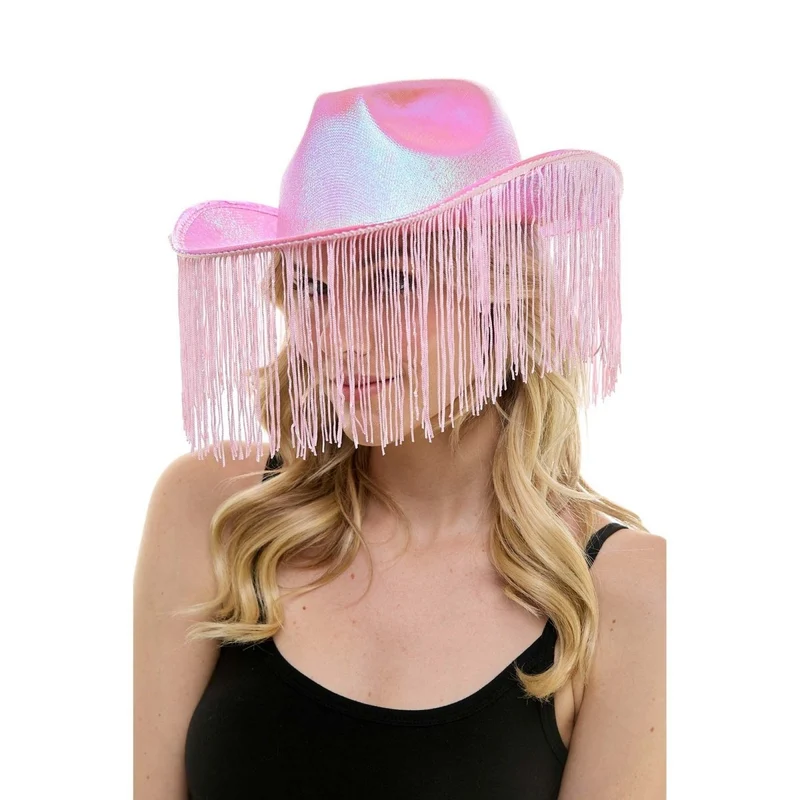Iridescent Pink Cowboy Hat with Fringe for Adults