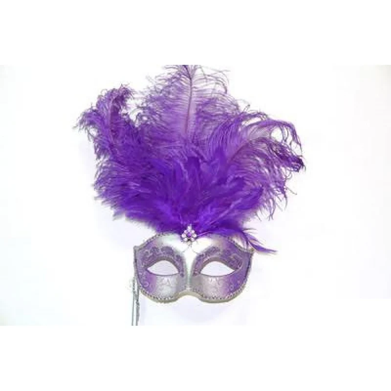 Silver and Purple Venetian Mask with Ostrich Feathers and Stick, 1 Count