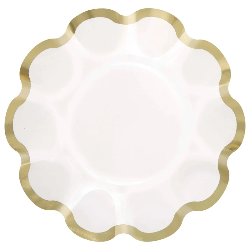 Dainty Easter Large Flower Shaped Lunch Paper Plates, White and Gold, 9 Inches, 8 Count