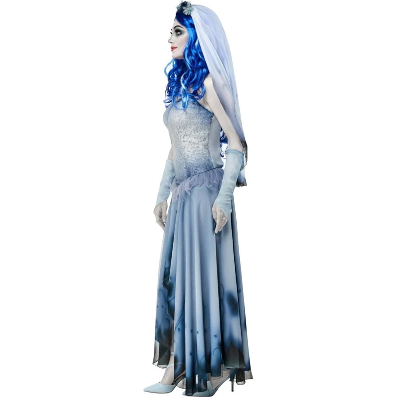 Emily the Corpse Bride Costume for Adults, Blue Dress with Veil and Gauntlets
