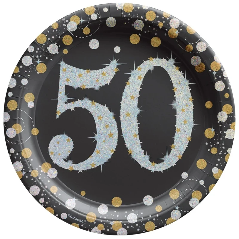 50th Sparkling Celeb Large Round Lunch Paper Plates, 9 Inches, 8 Count