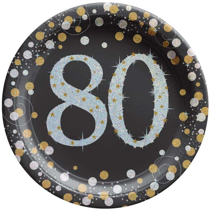 80th Sparkling Celeb Small Round Dessert Paper Plates, 7 Inches, 8 Count