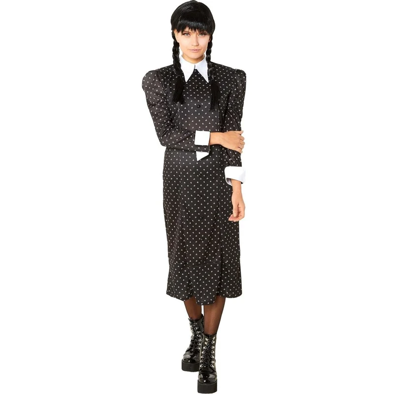 Wednesday Addams Costume for Adults, Wednesday, Black Dress with Attached Cuffs and Collar