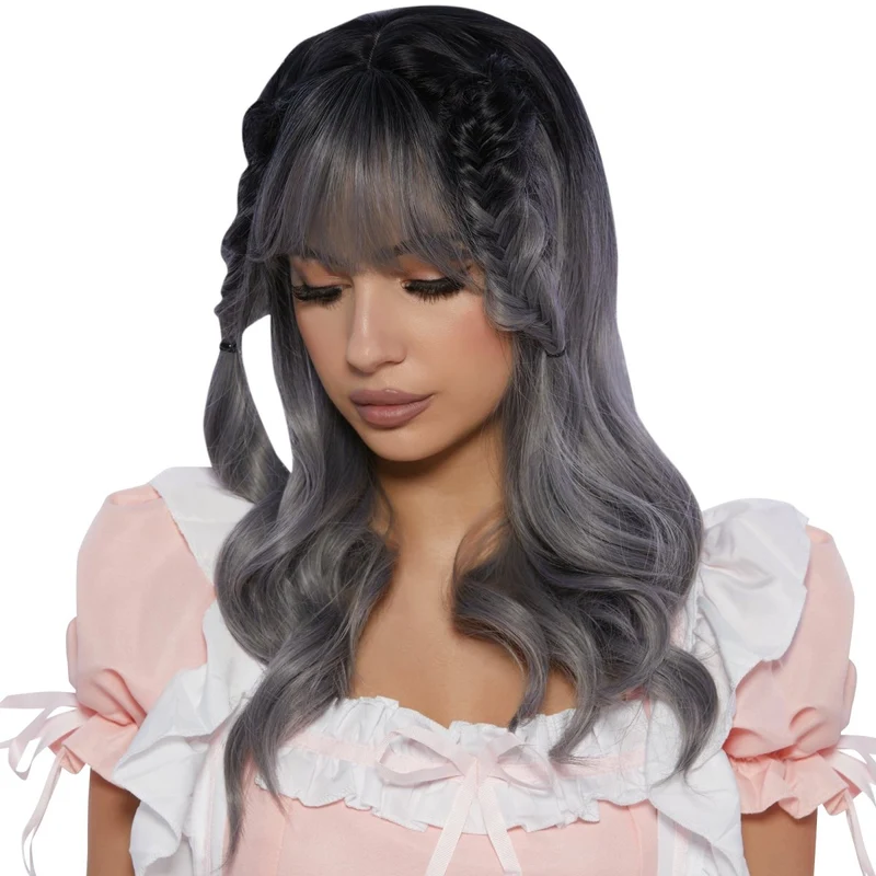 Sakaki Black and Grey Wavy Mid Length Wig for Adults