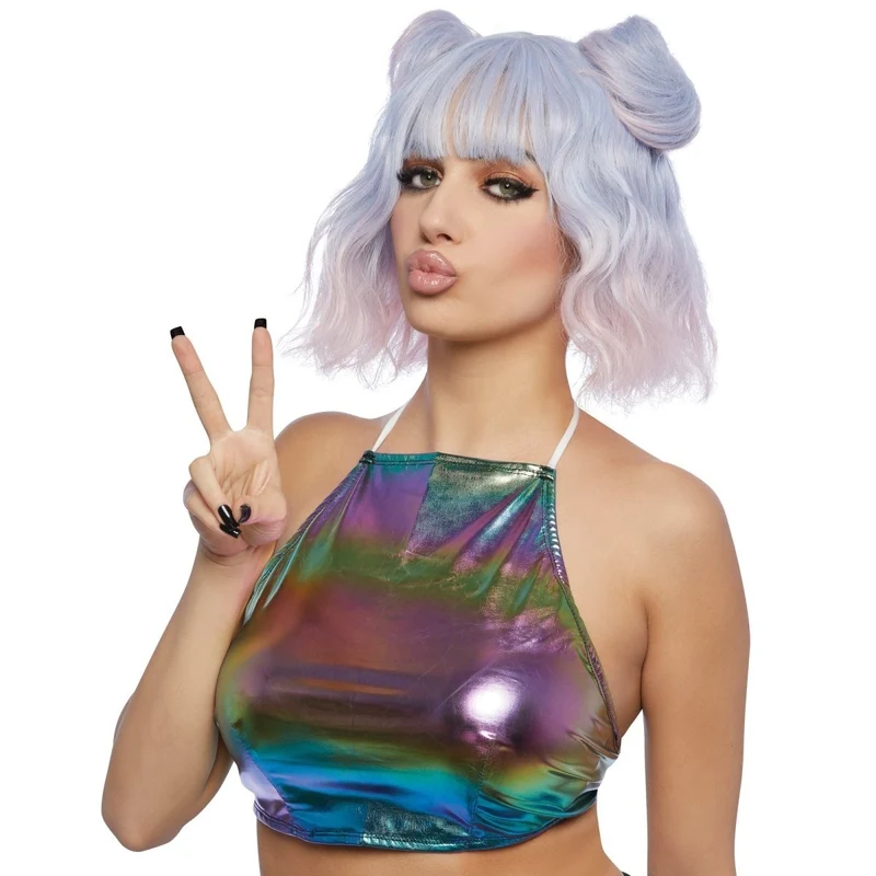 Festival Blue and Pink Short Wavy Wig for Adults