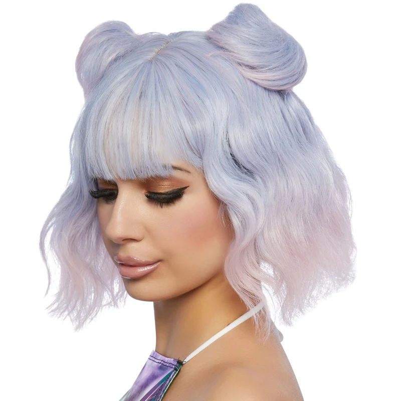 Festival Blue and Pink Short Wavy Wig for Adults
