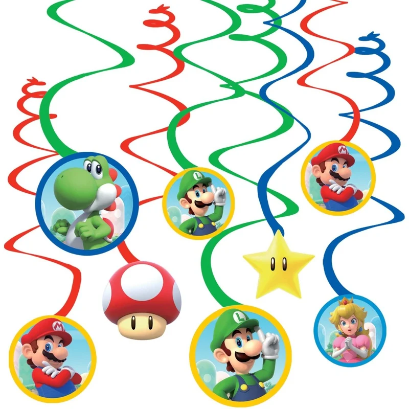 Super Mario Bros Birthday Spiral Decoration Kit with Cutouts, 12 Count