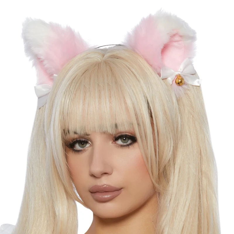 Pink and White Ears Headband with Bow for Adults