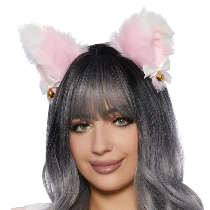 Pink and White Ears Headband with Bow for Adults