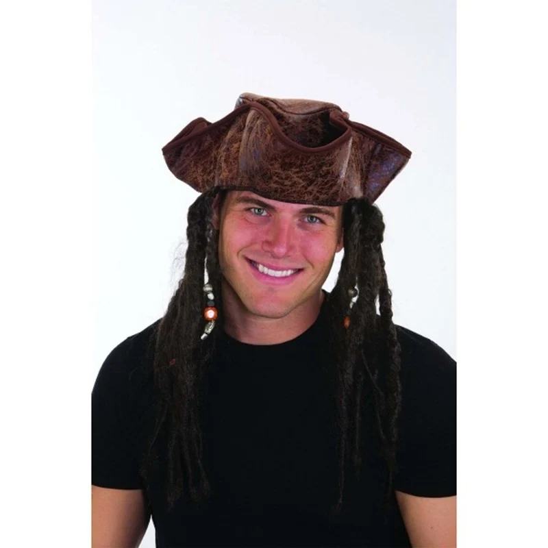 Brown Pirate Hat with Braids Costume Accessory for Adults