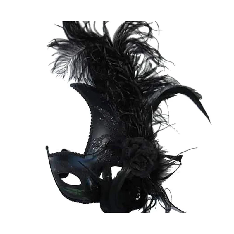 Black Venetian Mask With Ostrich Feather, 1 count