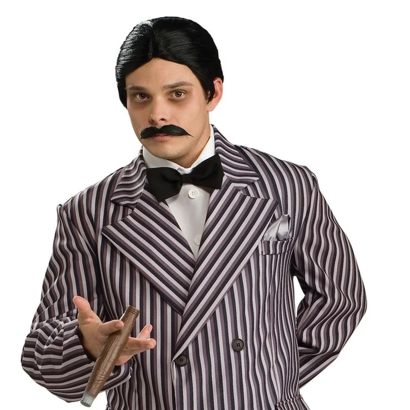 Gomez Addams Black Wig and Mustache for Adults, Family Addams