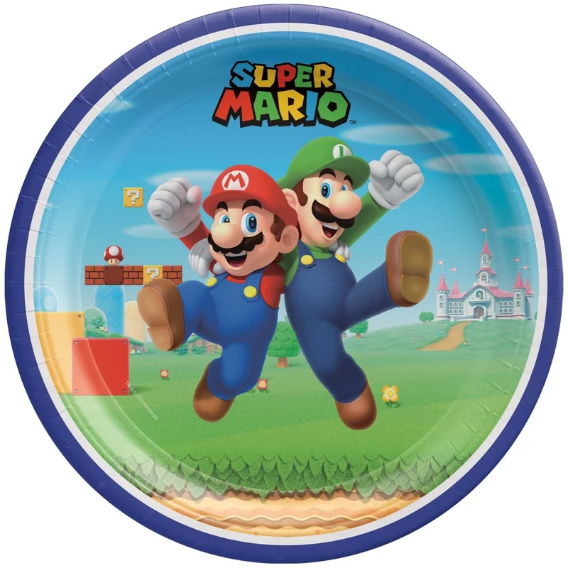 Super Mario Bros Birthday Large Round Lunch Paper Plates, 9 Inches, 8 Count