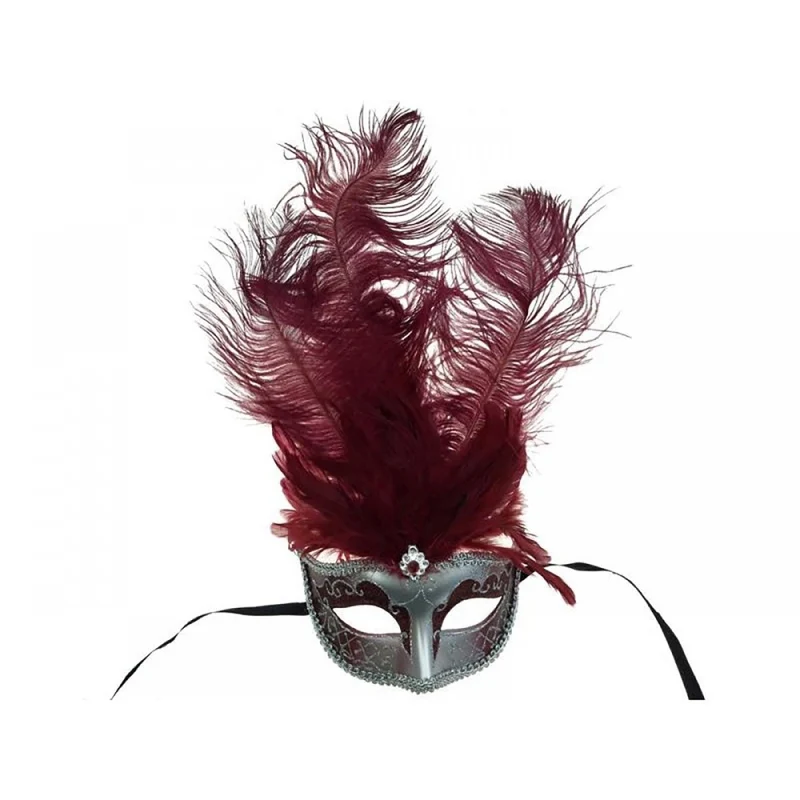 Silver Venetian Mask With Burgundy Feather, 1 Count