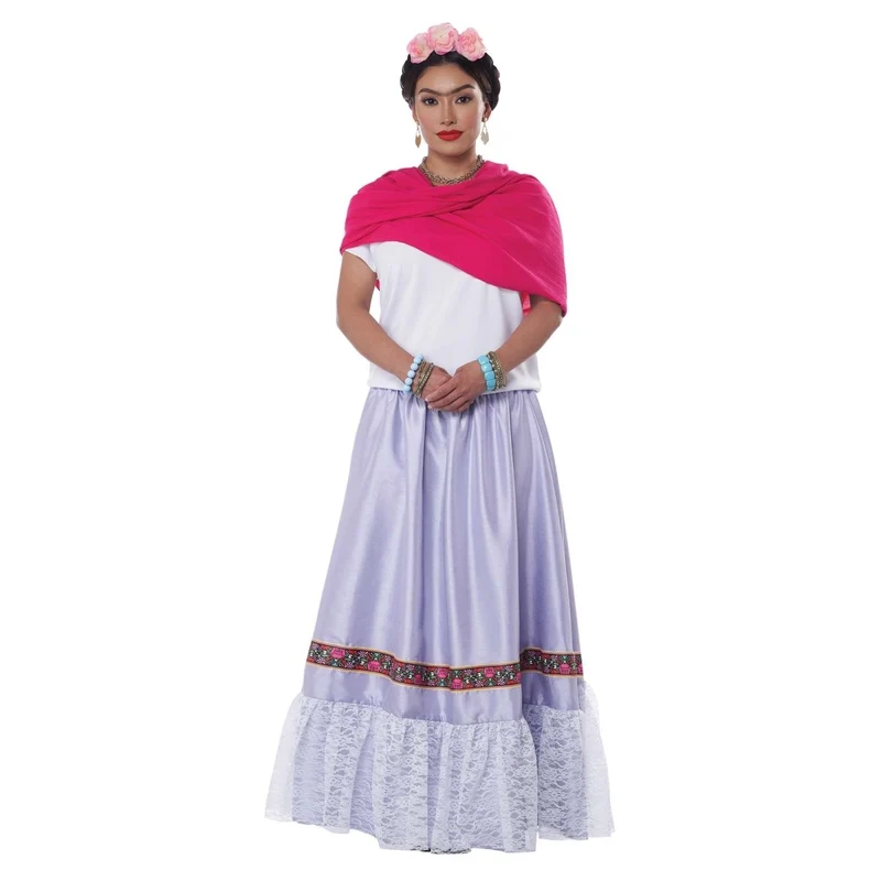 Frida Kahlo Costume for Adults, White Blouse and Purple Skirt