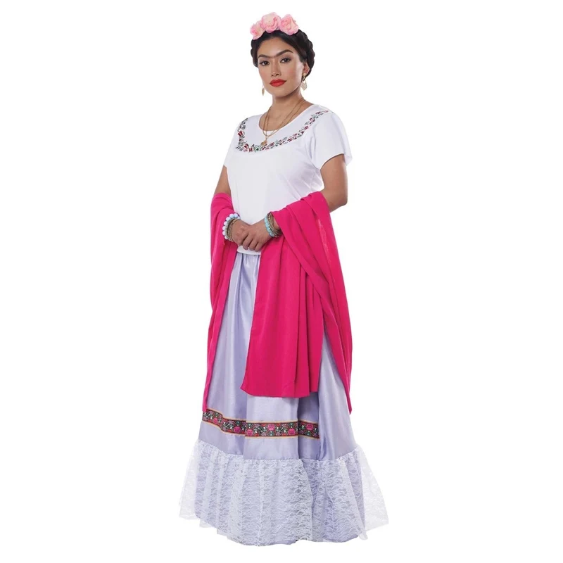 Frida Kahlo Costume for Adults, White Blouse and Purple Skirt