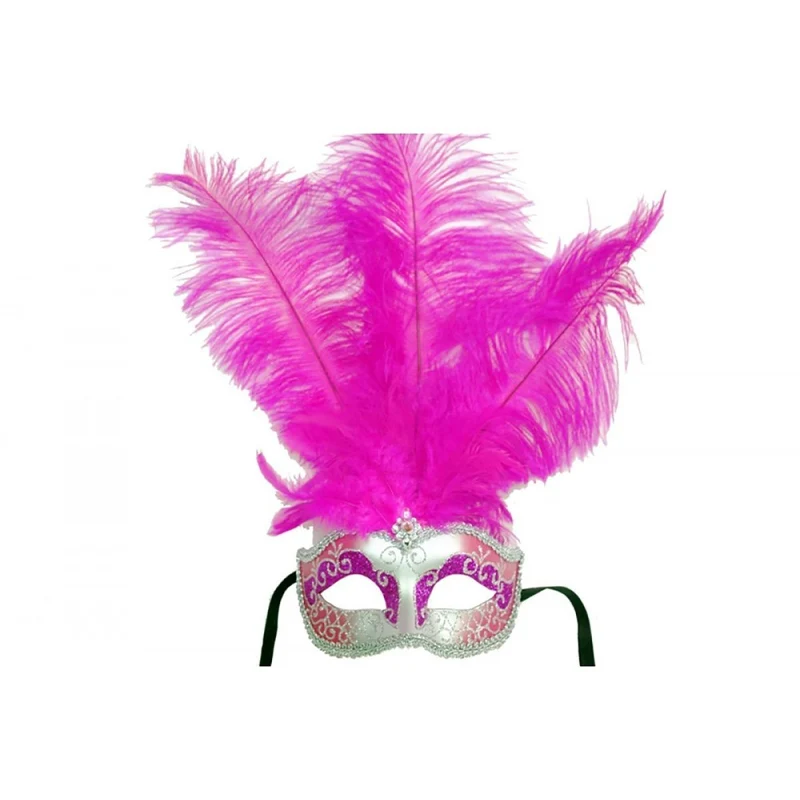 Silver and Pink Venetian Mask with Ostrich Feathers, 1 Count