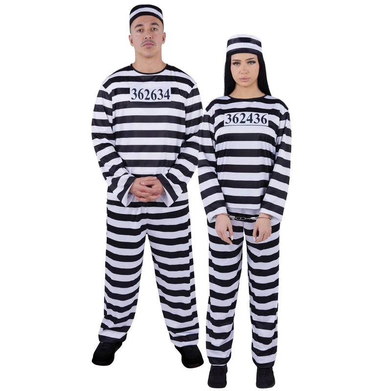 Jailbird Costume for Adults, Black and White Striped Pants and Top