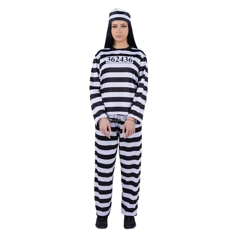 Jailbird Costume for Adults, Black and White Striped Pants and Top