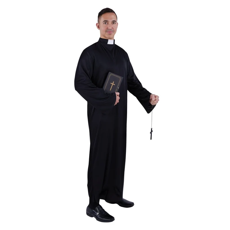 Priest Plus Size Costume for Adults, Black Cassock with Chaplet