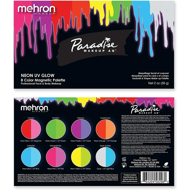 Mehron Paradise Makeup AQ Palette, 8 Neon UV Glow Colours, 1 Count
