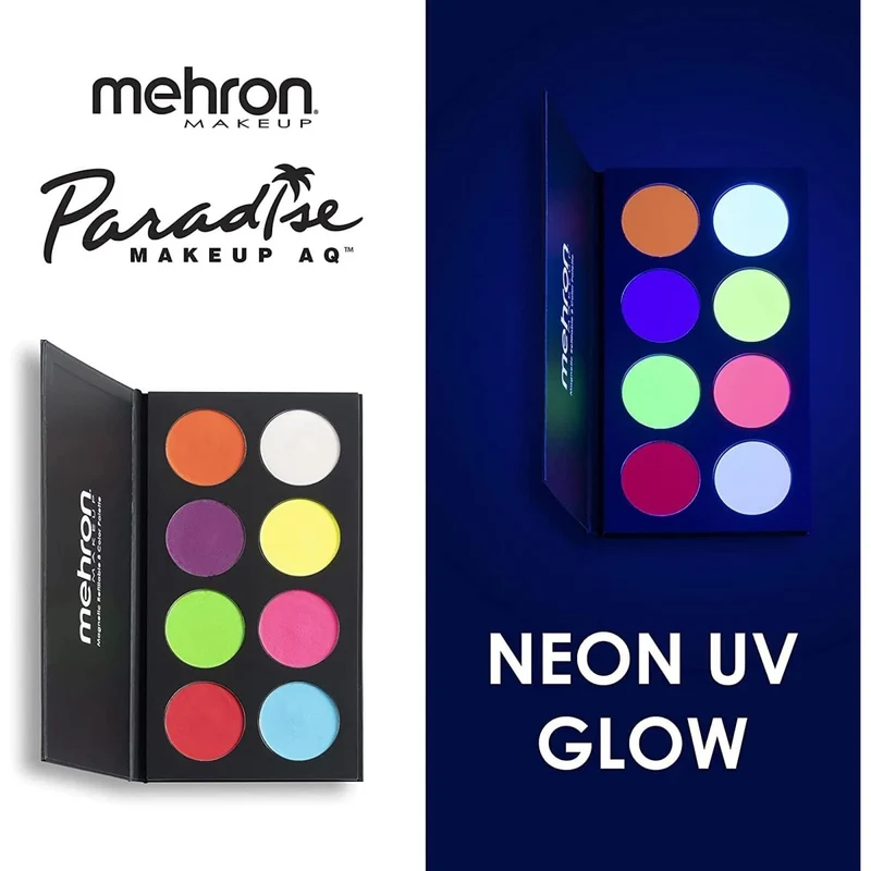 Mehron Paradise Makeup AQ Palette, 8 Neon UV Glow Colours, 1 Count
