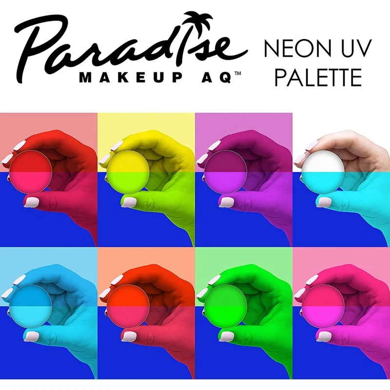 Mehron Paradise Makeup AQ Palette, 8 Neon UV Glow Colours, 1 Count