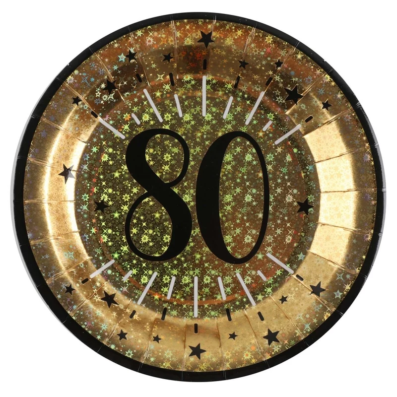 Gold 80th Birthday Large Round Lunch Paper Plates, 9 Inches, 10 Count