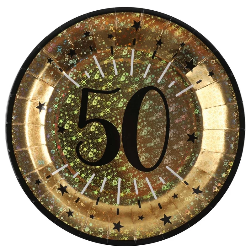 Gold 50th Birthday Large Round Lunch Paper Plates, 9 Inches, 10 Count