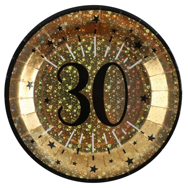 Gold 30th Birthday Large Round Lunch Paper Plates, 9 Inches, 10 Count