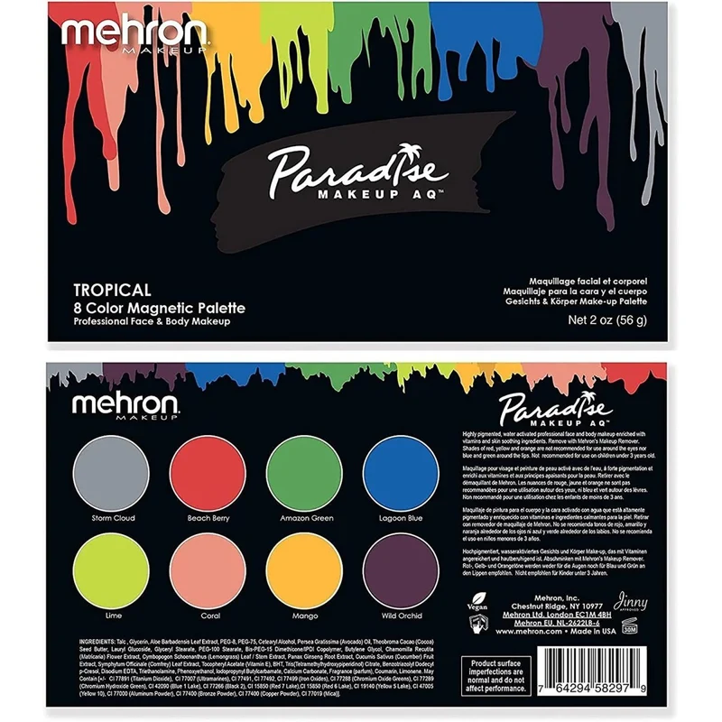 Mehron Paradise Makeup AQ Palette, 8 Tropical Colours, 1 Count