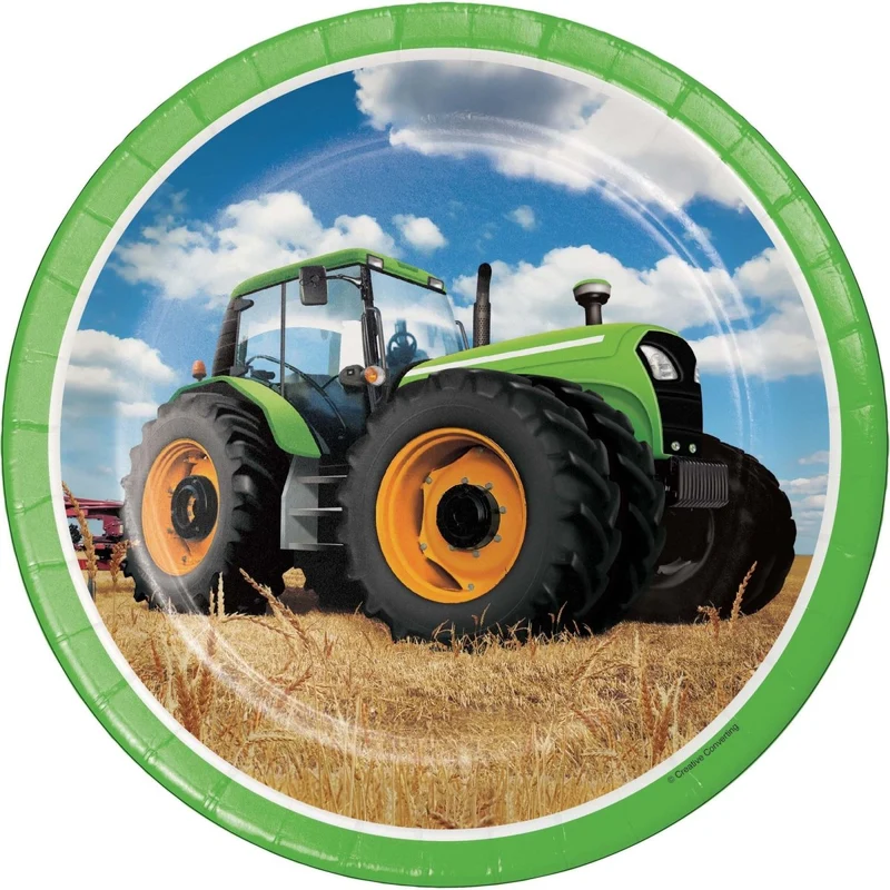 Tractor Time Birthday Large Round Lunch Paper Plates, 9 Inches, 8 Count