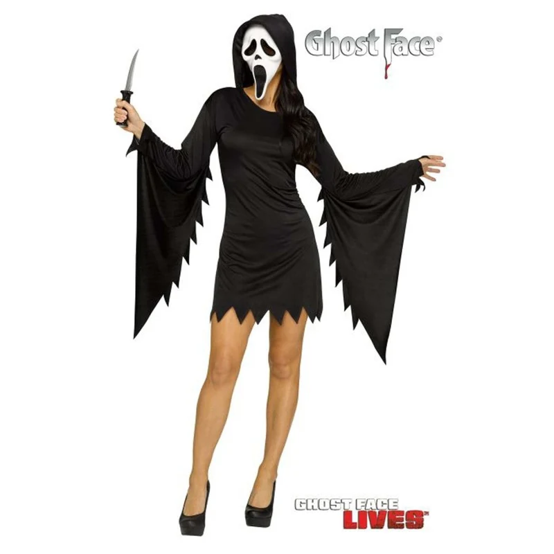 Scream Ghost Face Glamour Costume for Adults, Black Hooded Dress