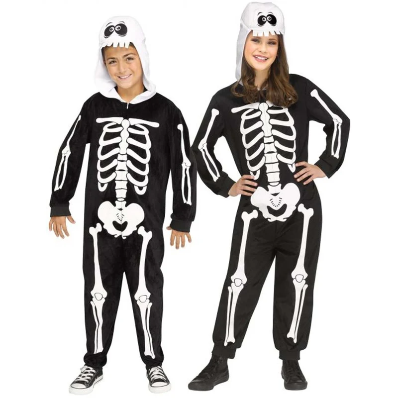 Skeleton Squad Zipster Costume for Kids, Black and White Hooded Jumpsuit