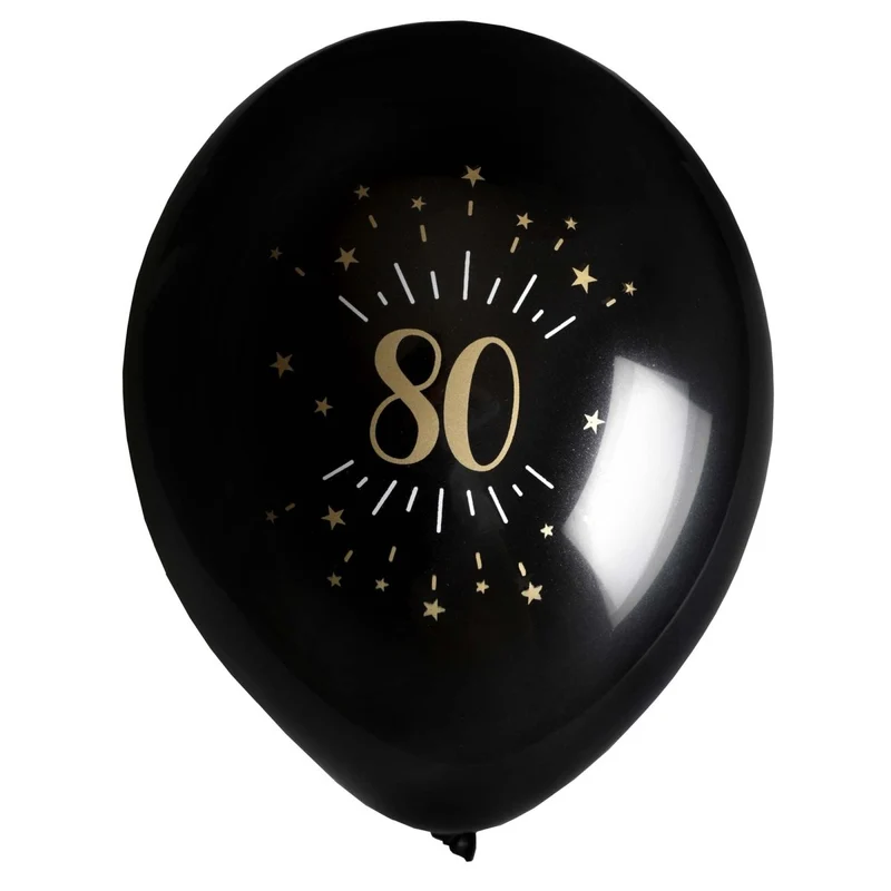Black and Gold 80th Birthday Latex Balloons, 12 Inches, 8 Count