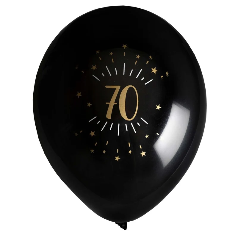 Black and Gold 70th Birthday Latex Balloons, 12 Inches, 8 Count