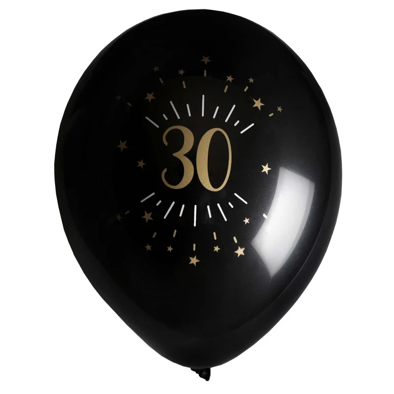Black and Gold 30th Birthday Latex Balloons, 12 Inches, 8 Count