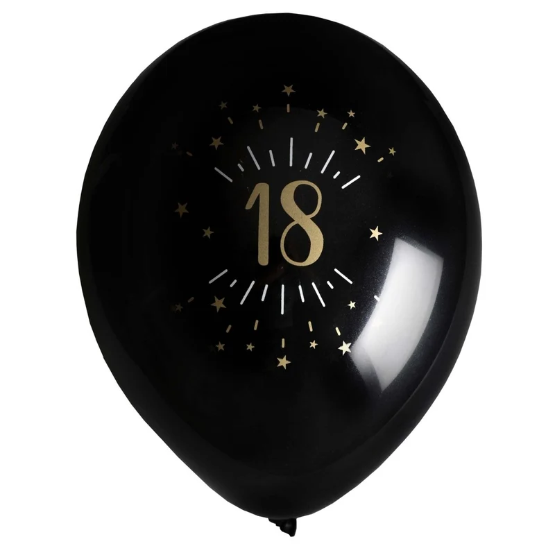 Black and Gold 18th Birthday Latex Balloons, 12 Inches, 8 Count