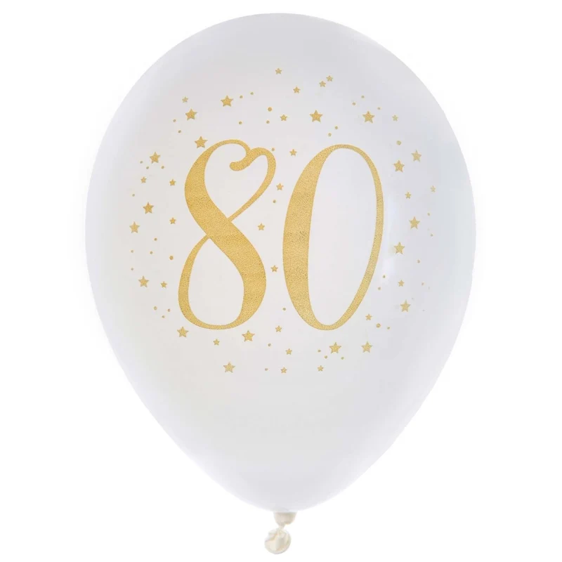 White and Gold 80th Birthday Latex Balloons, 12 Inches, 6 Count