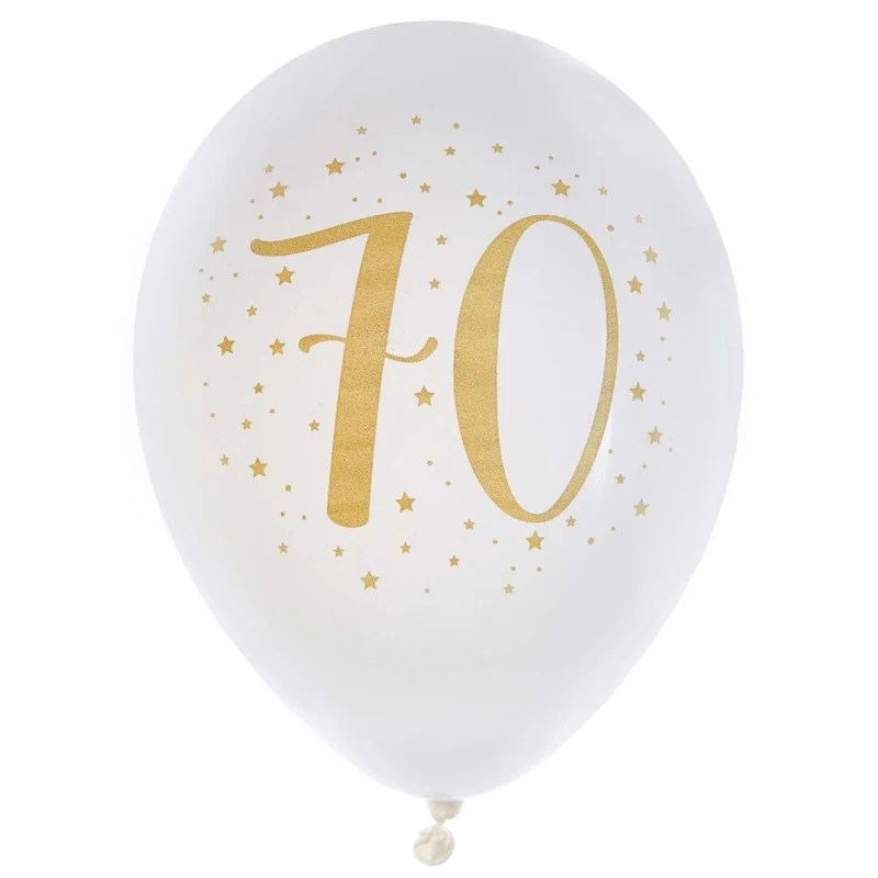 White and Gold 70th Birthday Latex Balloons, 12 Inches, 6 Count