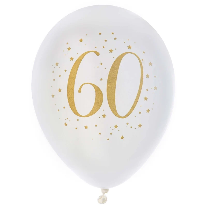 White and Gold 60th Birthday Latex Balloons, 12 Inches, 6 Count