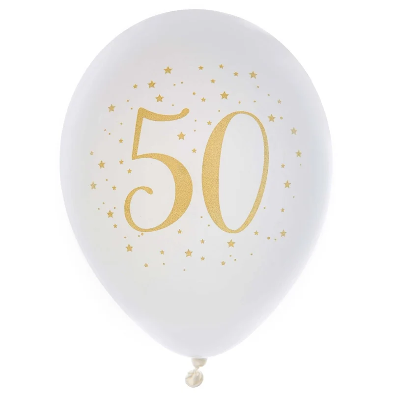 White and Gold 50th Birthday Latex Balloons, 12 Inches, 6 Count