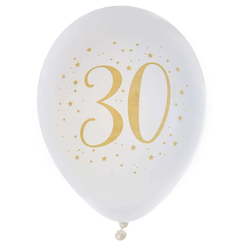 White and Gold 30th Birthday Latex Balloons, 12 Inches, 6 Count