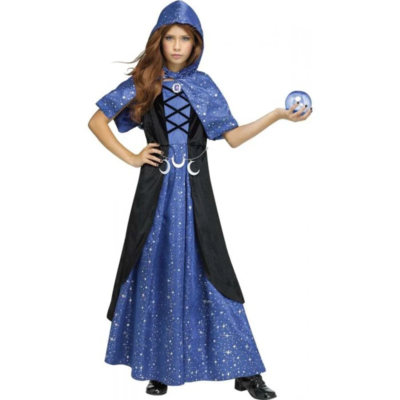 Moonlight Sorceress Costume for Kids, Blue and Black Gown and Hood