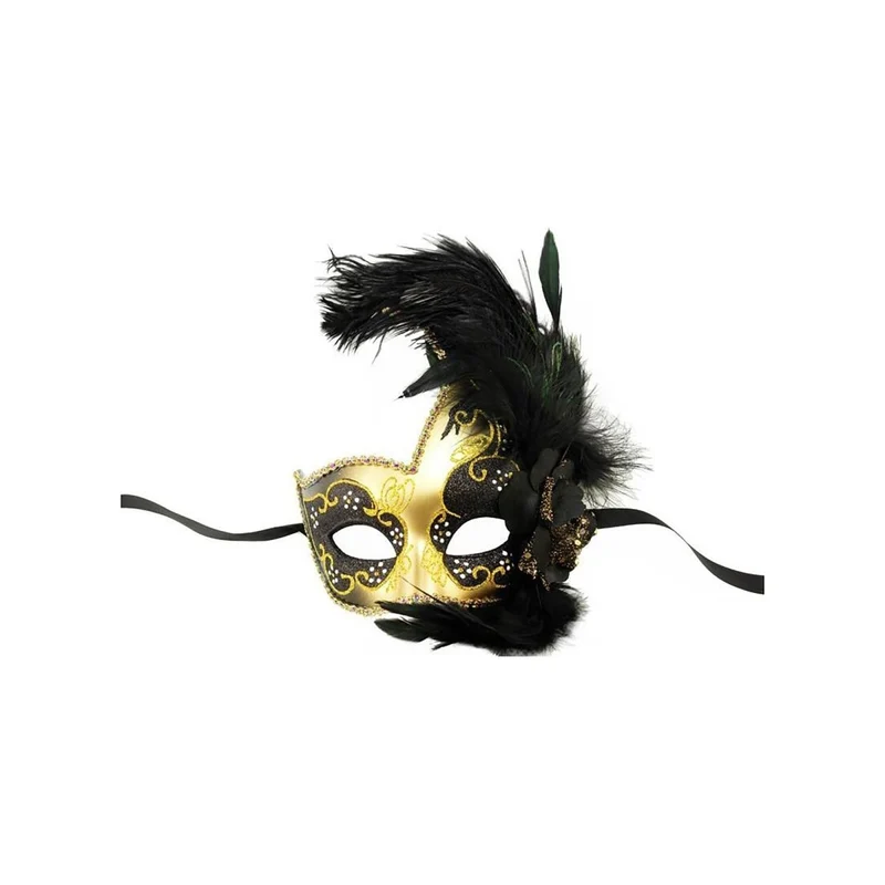 Venetian Mask With Ostrich Feather Gold, 1 count