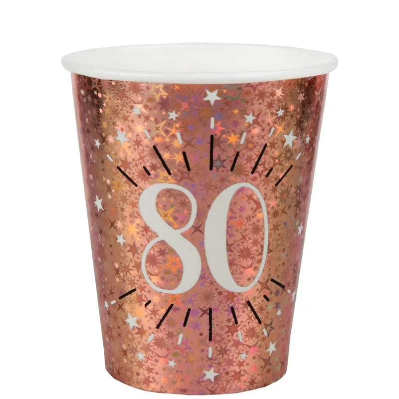 Rose Gold 80th Birthday Party Paper Cups, 9 Oz, 10 Count