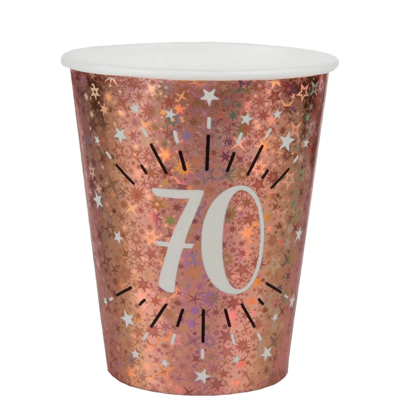 Rose Gold 70th Birthday Party Paper Cups, 9 Oz, 10 Count